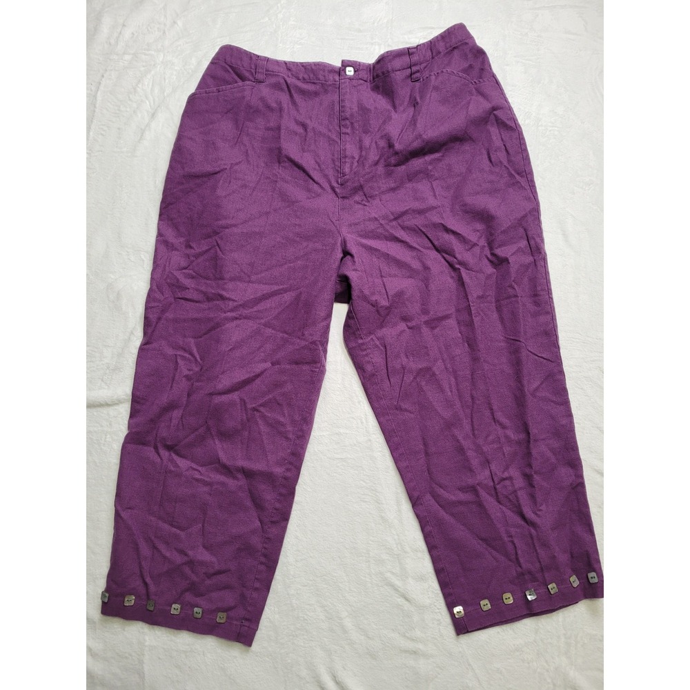 C.J. Banks Cropped Pants Women 14W Purple Linen Blend Button Hem